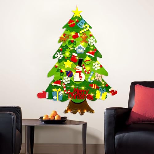 Felt Christmas Tree for Toddlers, DIY Felt Christmas Tree with Lights, Xmas Decorations Wall Hanging for Xmas Party Favors