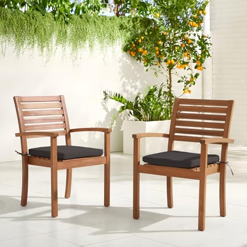 OC Orange-Casual Stackable Patio Dining Chairs Set of 4, Outdoor Acacia Wooden Chairs w/Armrest & Removeable Fabric Cushion, for Porch, Backyard, Garden, Indoor, Dark Grey