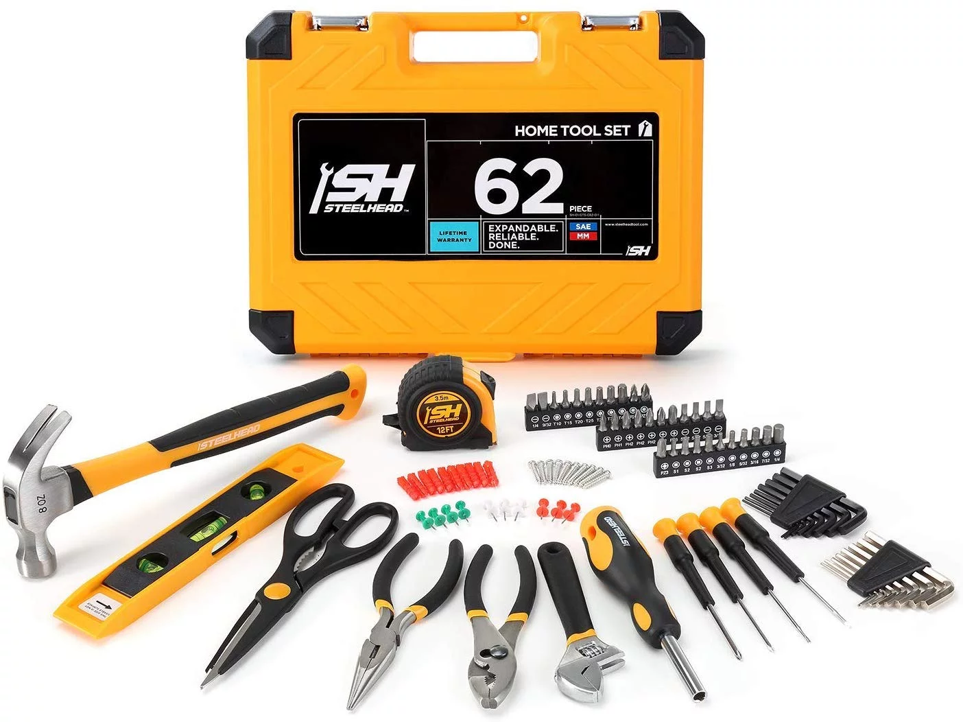 STEELHEAD 62-Piece Tool Set, Screwdriver Handle, 33 Bits, Pliers, Tape Measure, 9