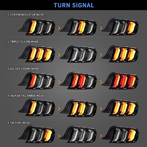 VLAND LED Rear Lights Compatible with Mustang 2015-2023 w/Sequential Amber/Red Turn Signal (5 Lighting Modes Switchable), Transparent Lens Taillight Assembly, Passenger&Driver Sides