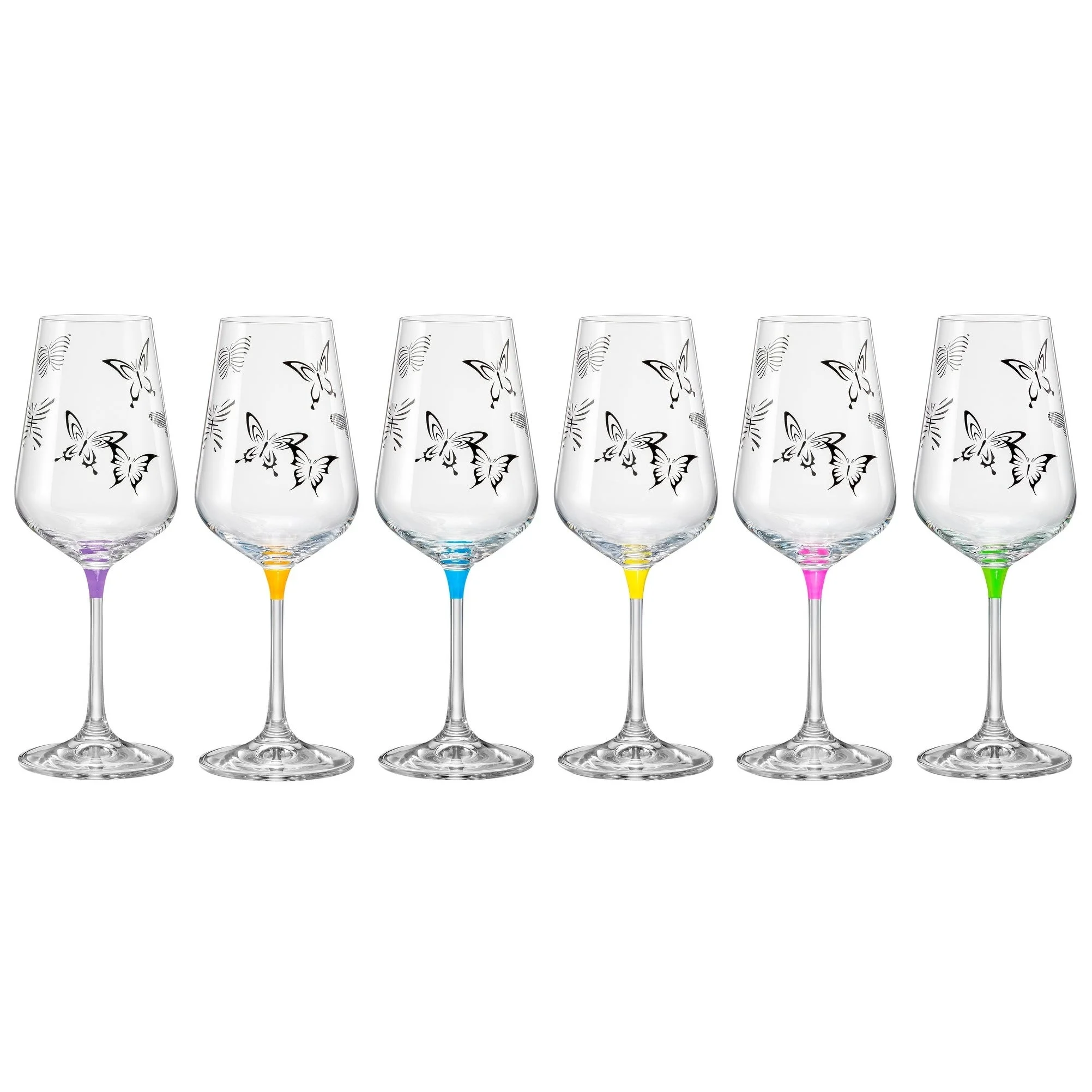 Majestic Gifts Inc.  Set/6 assorted Colors Butterfly Imprinted Wine Glasses- 12 oz. -Made in Europe