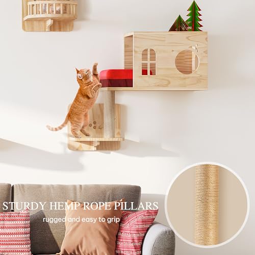 Cat Wall Shelves and Perches, Solid Wood Wall Mounted Cat Furniture, Set of 13 Cat Climbing Shelves with Moon Hammock, House, Wall Ladder, Scratching Post and Cat Tunnel