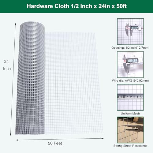 Hardware Cloth 1/2 inch 24x100 ft 19 Gauge Hot Dipped Galvanized After Welded Chicken Wire Mesh Roll,Construction Wire Mesh Fencing,Welded Wire Fence,Rabbit Wire Mesh for Cage,Snake Fence