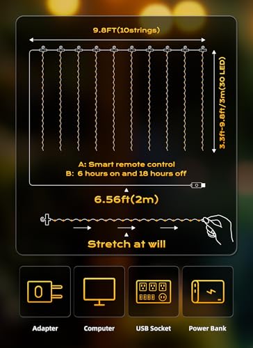 Brightown 300 LED Fairy Curtain Lights, 9.8ft x 9.8ft String Lights, USB Plug in 8 Lighting Modes Christmas String Hanging Lights with Remote for Bedroom Indoor Outdoor Party Xmas Blue 1 Pack