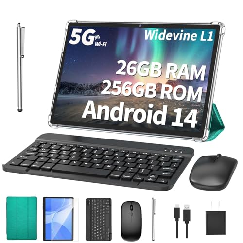 Android Tablet with Keyboard, 26GB RAM, 256GB ROM(1TB Expand), 10.1 inch Android 14 Tablet, 8000mAh Battery, BT 5.0, GMS Certified, 2.4G&5G WiFi, 2 in 1 Tablets with Mouse, Case, Stylus(Black)
