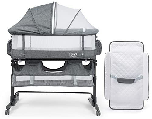 3 in 1 Baby Bassinet, Upgraded Beside Crib with 360° Highly Visible Mesh wall, Comfy Co-sleeper Bassinet with mattress, 5 Level Adjustable Height, Foldable & Portable BabyTravel Crib for Newborn, Grey