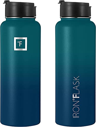 IRON °FLASK Camping & Hiking Hydration Flask with 3 Lids - Stainless Steel, Double Walled & Vacuum Insulated Water Bottle - Leak Proof & BPA Free (Midnight Black, Straw - 40 oz)