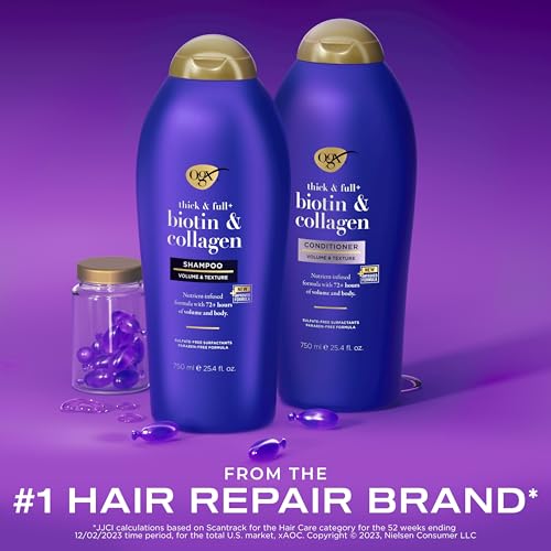 OGX Shampoo and Conditioner Set, Thick and Full + Biotin and Collagen, Purple, Helps Thicken and Texturize Hair, Ideal for Flat to Medium Volume Hair, 25.4 FL OZ, 2 Pack