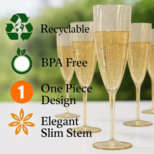 Oojami 6 Oz Gold Glitter Plastic Champagne Glasses 24 Pack Hard Disposable Plastic Champagne Flute Ideal for Home Daily Life Party Wedding Toasting Drinking Champagne Reusable Party Supplies