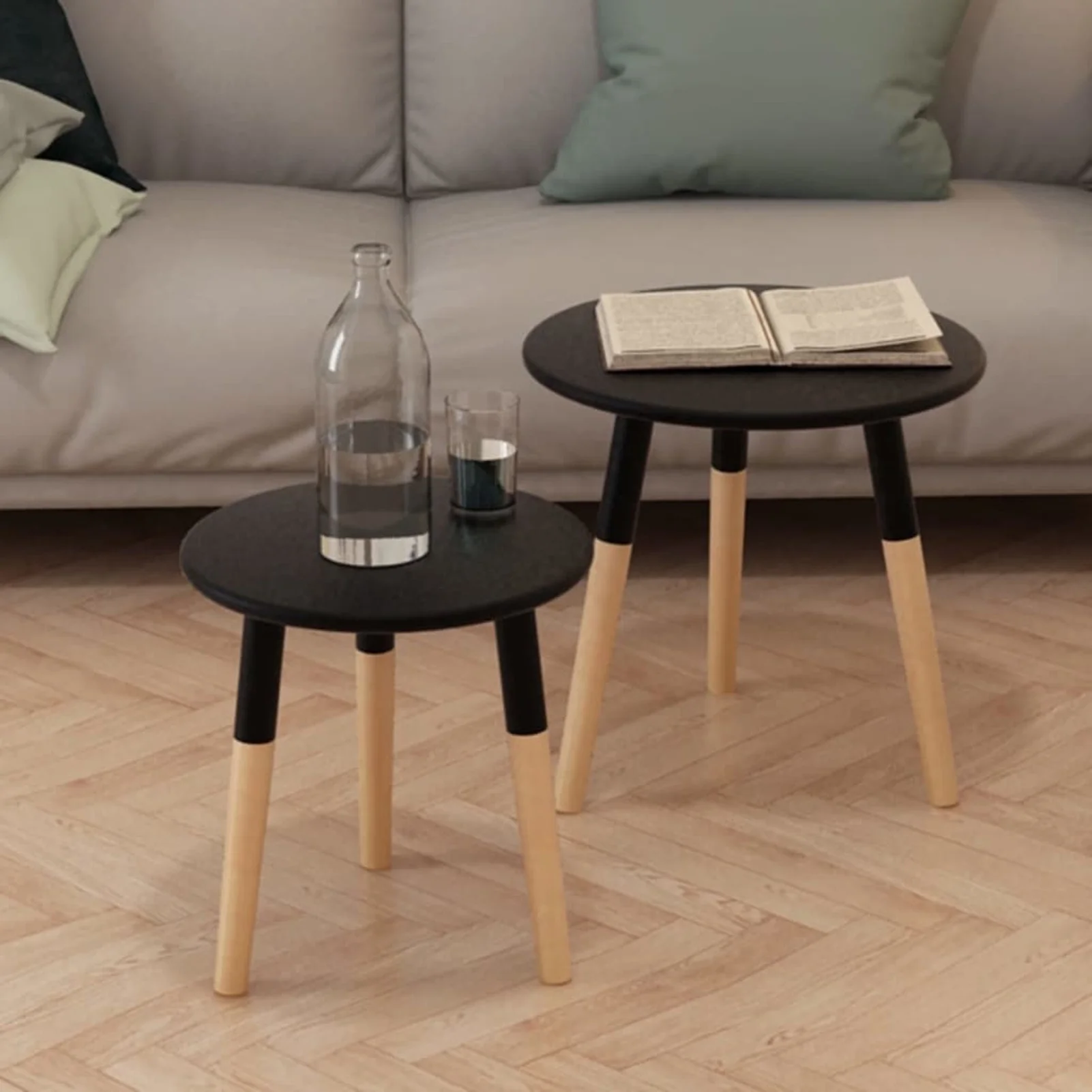 moobody Set of 2 Side Table Set MDF and Pinewood Coffee Tables Sofa and Couch Round End Table Black for Living Room, Bedroom, Home, Office Furniture