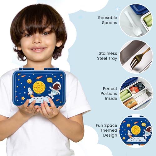 Bento Box for Kids – 3-Compartment Kids Bento Lunch Box with Leak-Proof Lid, Spoon & Stainless Steel Tray – 20 x 15 x 6.8 cm BPA-Free, Dishwasher Safe - Fun Space Design for School & Travel (Blue)