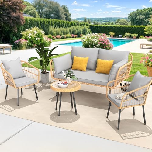 YITAHOME 3-Piece Outdoor Wicker Patio Conversation Bistro Set, All-Weather Furniture Set with Table & Cushions, Outdoor Sectional Sofa for Balcony, Backyard, Deck, Beige