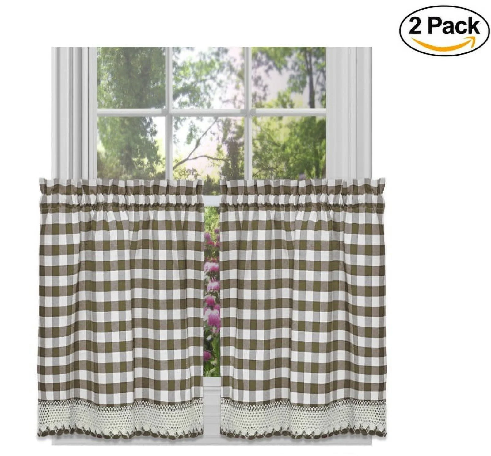 Achim Home Furnishings Buffalo Check Tier Pair, 58-Inch by 36-Inch, Taupe (Set of 2)