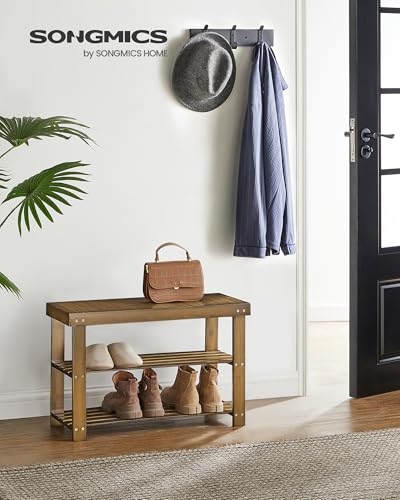 SONGMICS Shoe Rack Bench, 3-Tier Bamboo Shoe Storage Organizer, Entryway Bench, Holds Up to 286 lb, 11.3 x 27.6 x 17.8 Inches, for Entryway Bathroom Bedroom, Ink Black ULBS04H