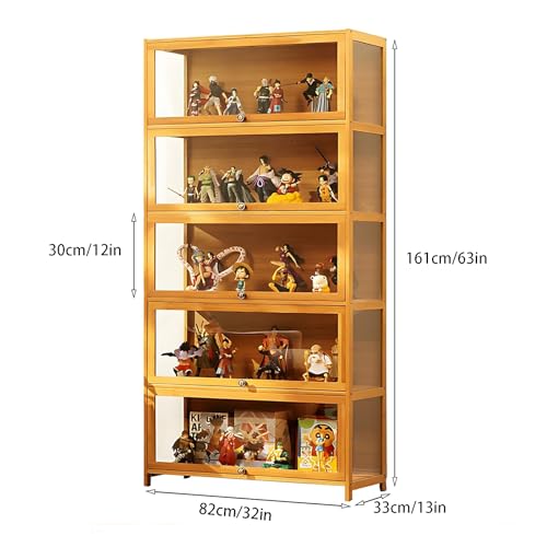 68” Curio Display Cabinet, 5 Tier Storage Cabinet with Acrylic Glass Door, Collectibles Toy Organizers Rack & Display Shelf, Kids Bookcase for Living Room, Toddler's Room, Bamboo (Wooden flip door)