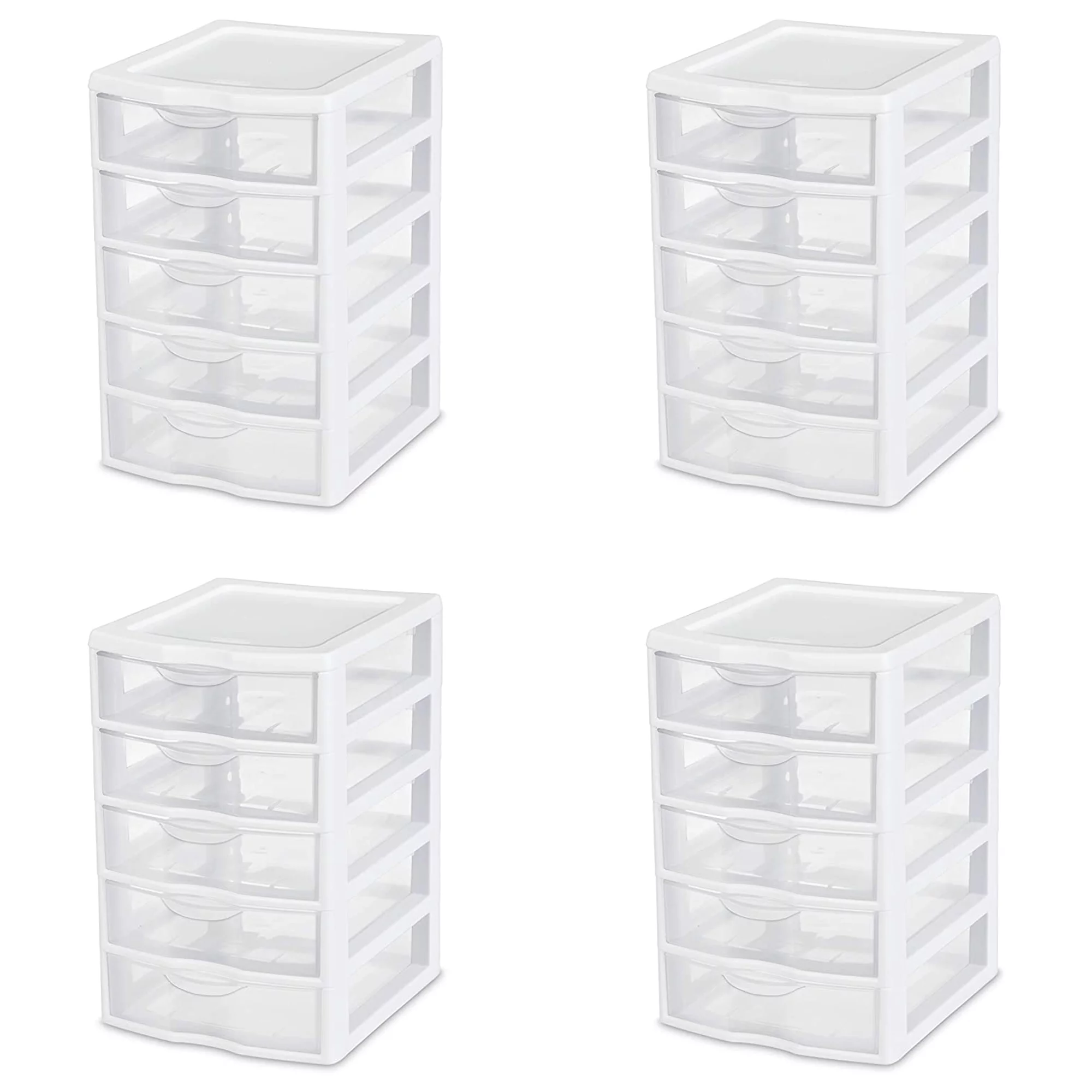 Sterilite Clearview Small Plastic 5 Drawer Desktop Storage System, White, 4 Pack