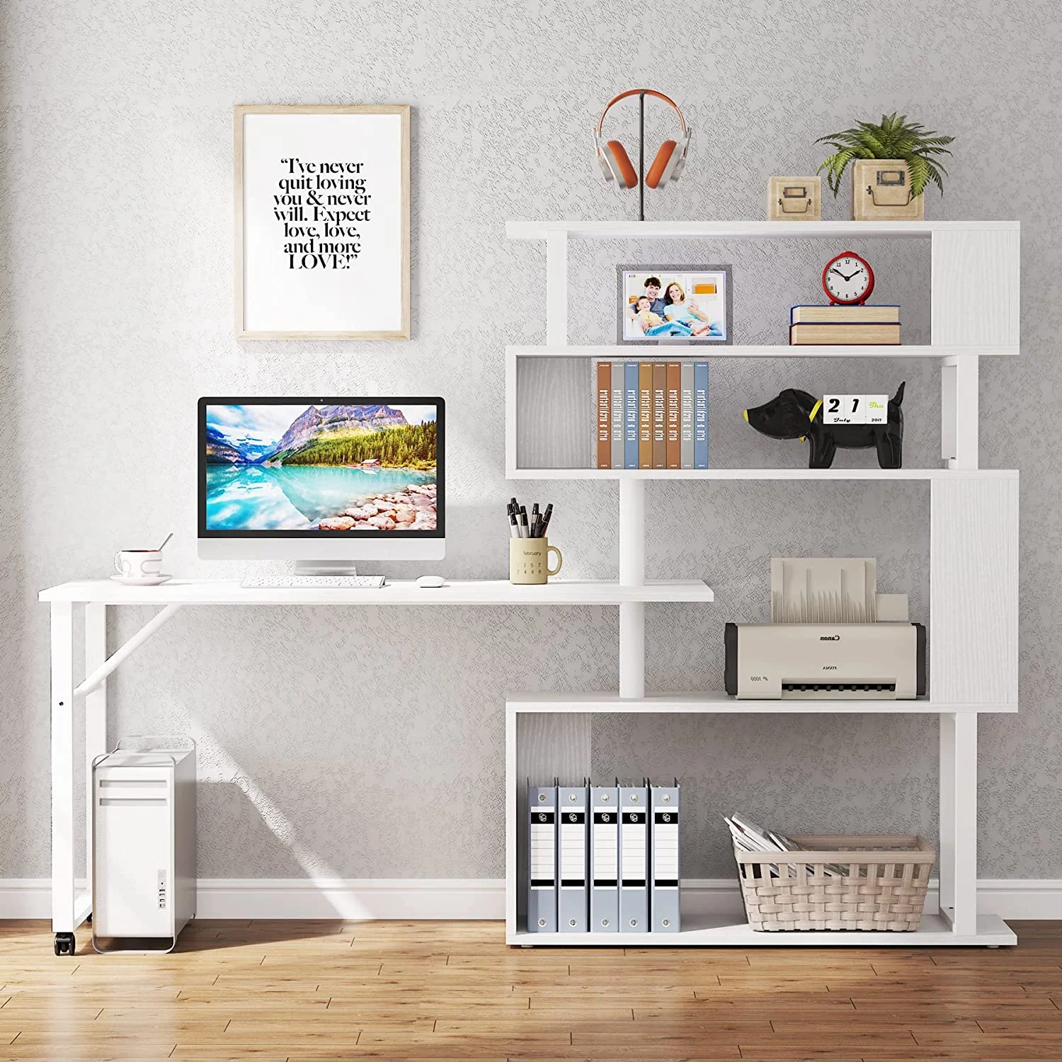 Rotating Computer Desk with 5 Shelves Bookshelf, Modern L-Shaped Corner Desk with Storage, Reversible Office Desk Study Table Writing Desk on Wheels for Home Office (White)
