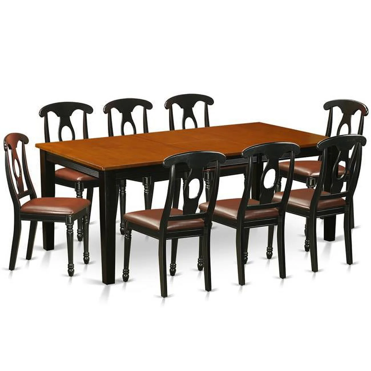 Faux Leather Dining Set - Table with 8 Wooden Chairs, Black & Cherry - 9 Piece