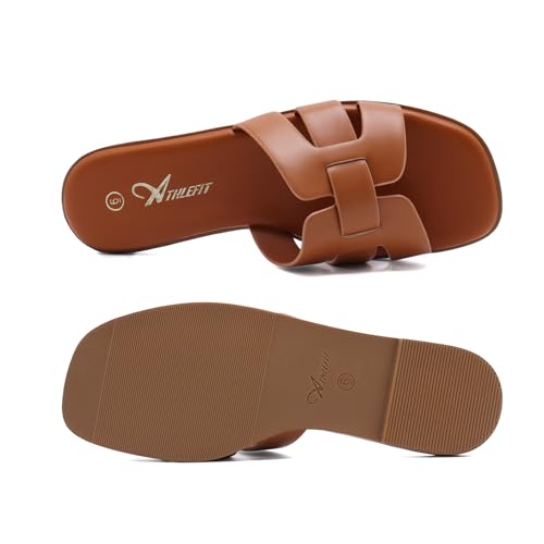 Athlefit Women's Flat Sandals Dressy Summer Square Open Toe Slip On Leather Slide Sandals