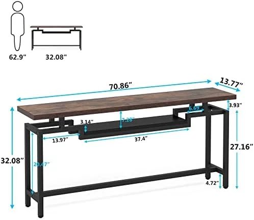 KHBIULIFE 70 inch Sofa Table  Narrow Long Console Table with 2 Tiers  Industiral TV Console Behind Couch Table with  for Entryway  Living Room  Brown & Black