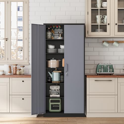 Metal Storage Cabinet-36” Tall Steel File Cabinets with Lockable Doors and Adjustable Shelves-Black Steel Storage Cabinet for Home, School, Office, Garage