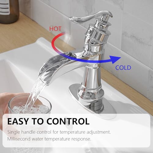 Vessel Sink Faucet, Oil Rubbed Bronze Black Bathroom Faucet, Farmhouse Waterfall Sink Faucet Single Hole with Pop Up Drain Assembly Without Overflow One Hole Mixer Tap Deck Mount