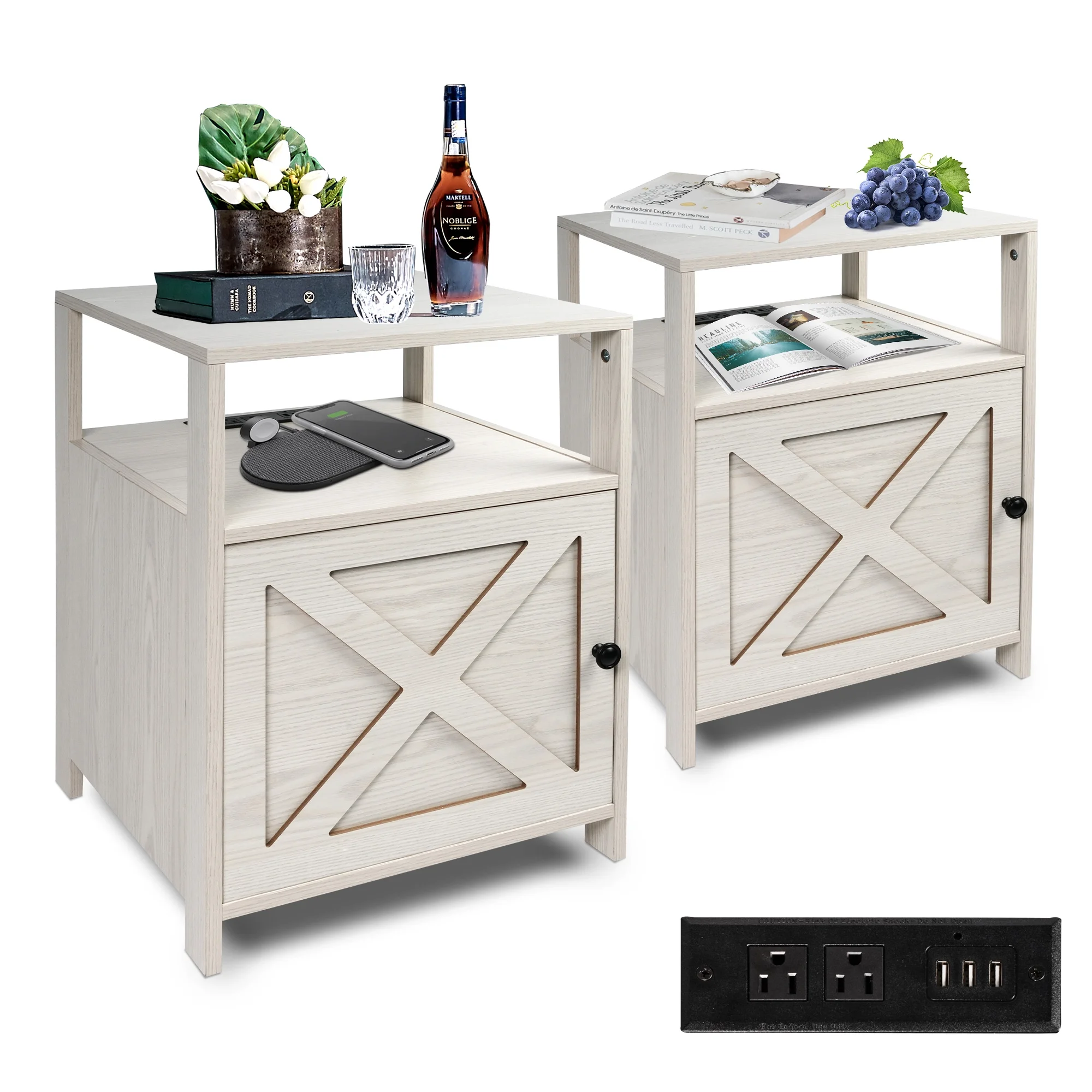 Modern Nightstands with Charging Station, White Wooden Sofa Side Storage Stand Cabinet Set of 2, Large Capacity of Storage End Table with Open Storage, Small Side Table for Bedroom Living Room