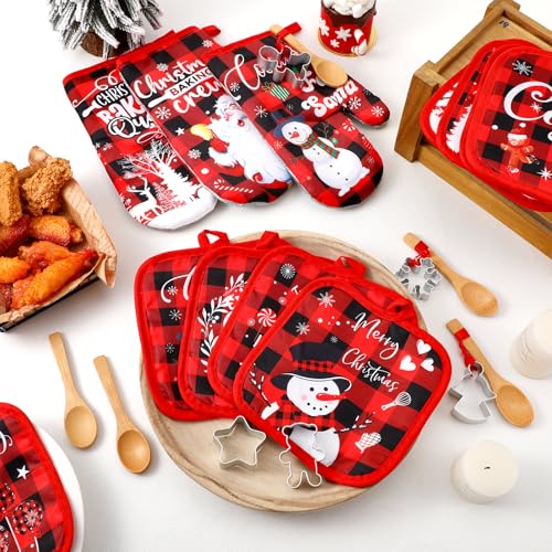 48 pcs Christmas Kitchen Oven Mitts Set Pot Holders Holiday Baking Gift Set with Cookie Cutters Wooden Spoons Merry Christmas Santa Snowman for Xmas Kitchen Supplies Cooking Lover Presents