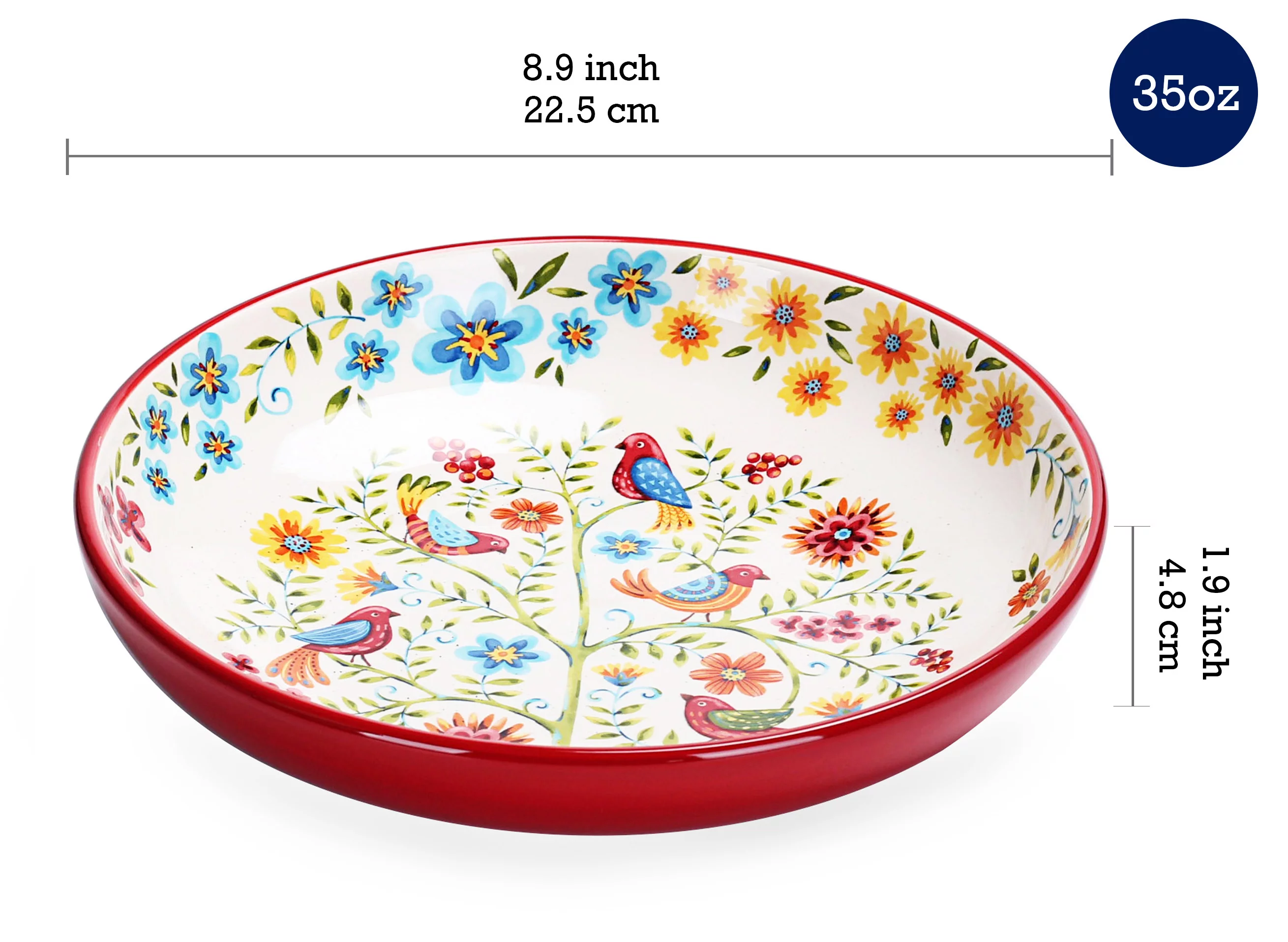 Bico Red Spring Birds Ceramic 35oz Dinner Bowls, Set of 4, for Pasta, Salad, Cereal, Soup & Microwave & Dishwasher Safe