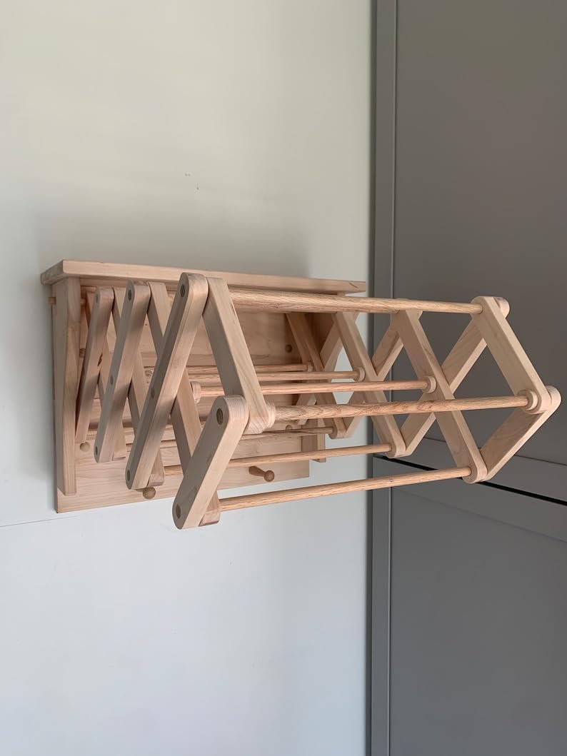 Handmade Wooden Shelf Wall Mounted Clothing Drying Rack COLLAPSABLE with Peg Hooks 21” x 16”