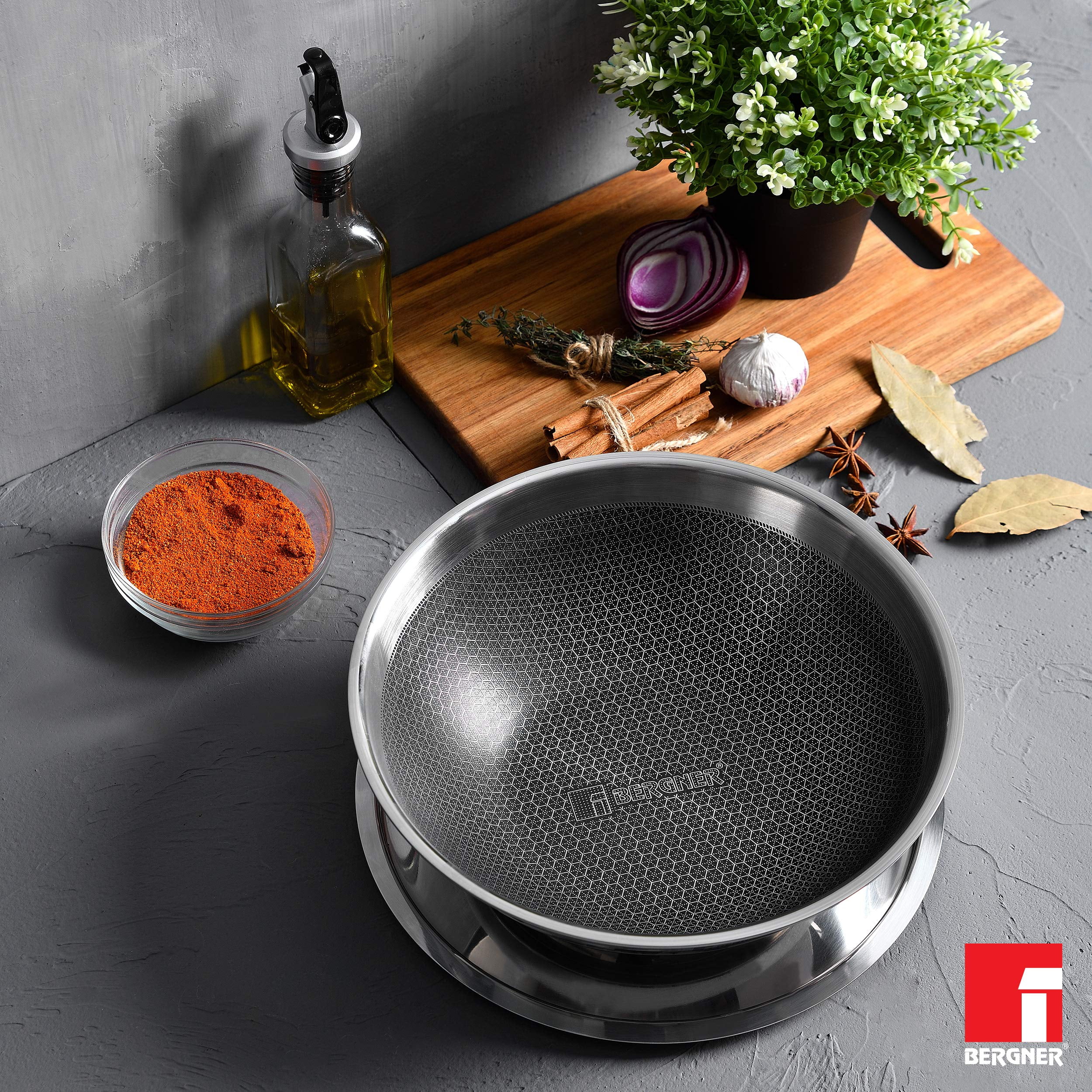 Bergner Hitech Triply Stainless Steel Scratch Resistant Non Stick Tasra/Tasla With Stainless Steel Lid, 20 Cm, 1.5 Litres, Induction Base, Food Safe (Pfoa Free), 2 Years