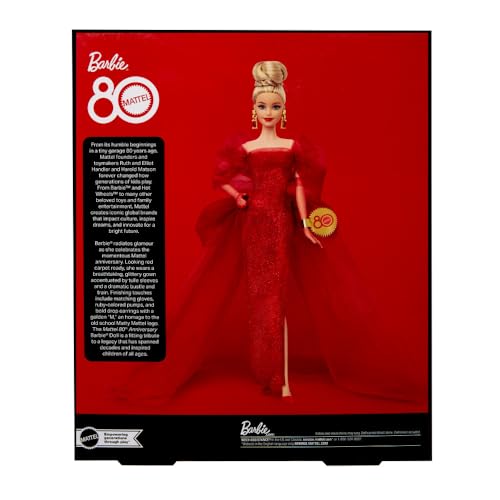 Barbie Signature Doll, Mattel 80th Anniversary Collectible in Glittery Red Tulle Gown with Drop Earrings and Sheer Gloves, Blonde Hair