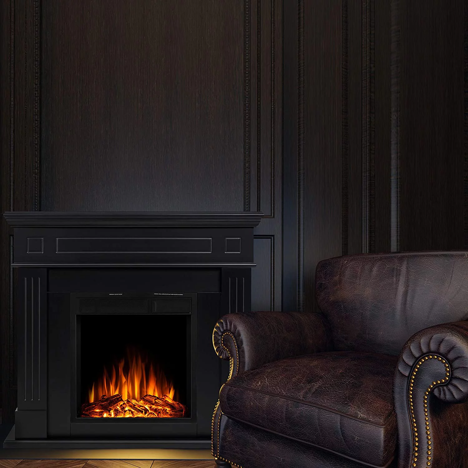 KISSAIR Electric Fireplace Mantel Package Wooden Surround Firebox TV Stand Free Standing Electric Fireplace Heater with Logs, Adjustable Led Flame, Remote Control, 750W-1500W (Black)