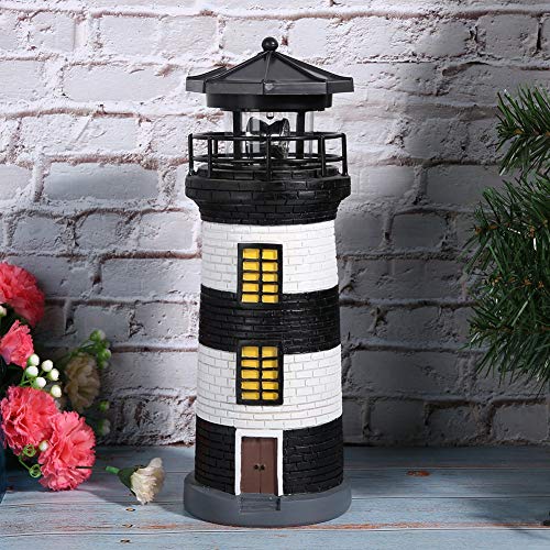 Solar Lighthouse,LED Solar Power Lighthouse Statue Rotating Outdoor Light Garden Yard Lawn Craft Ornament(Black White)