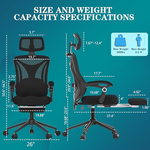 Ergonomic Office Chair - Adjustable Lumbar & Headrest, 90-160° Reclining with Footrest, Breathable Mesh Back - Home Office/Gaming Computer Chair (Black, 300lbs Capacity)