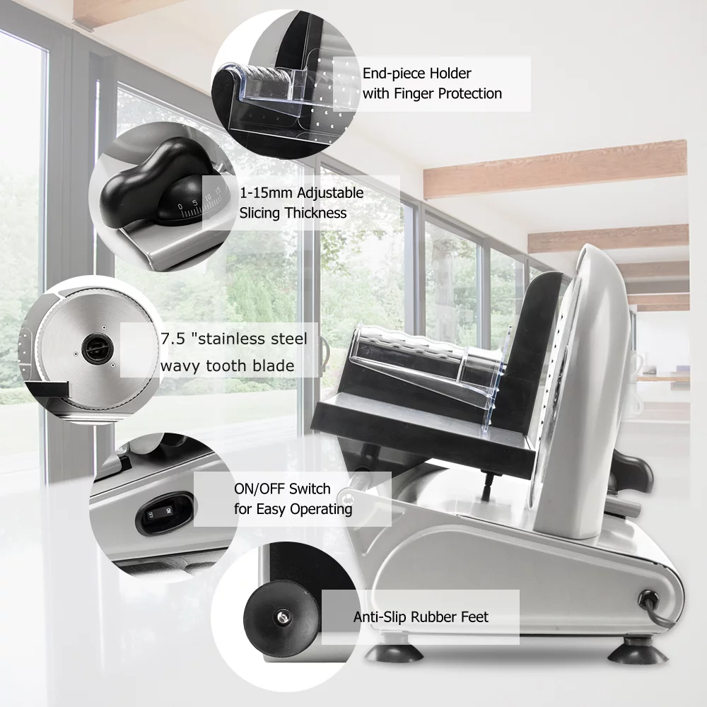 ZOKOP Food Slicer, 150W Electric Professional Bread and Meat Slicer with 7.5 Inch Stainless Steel Blade, Silver