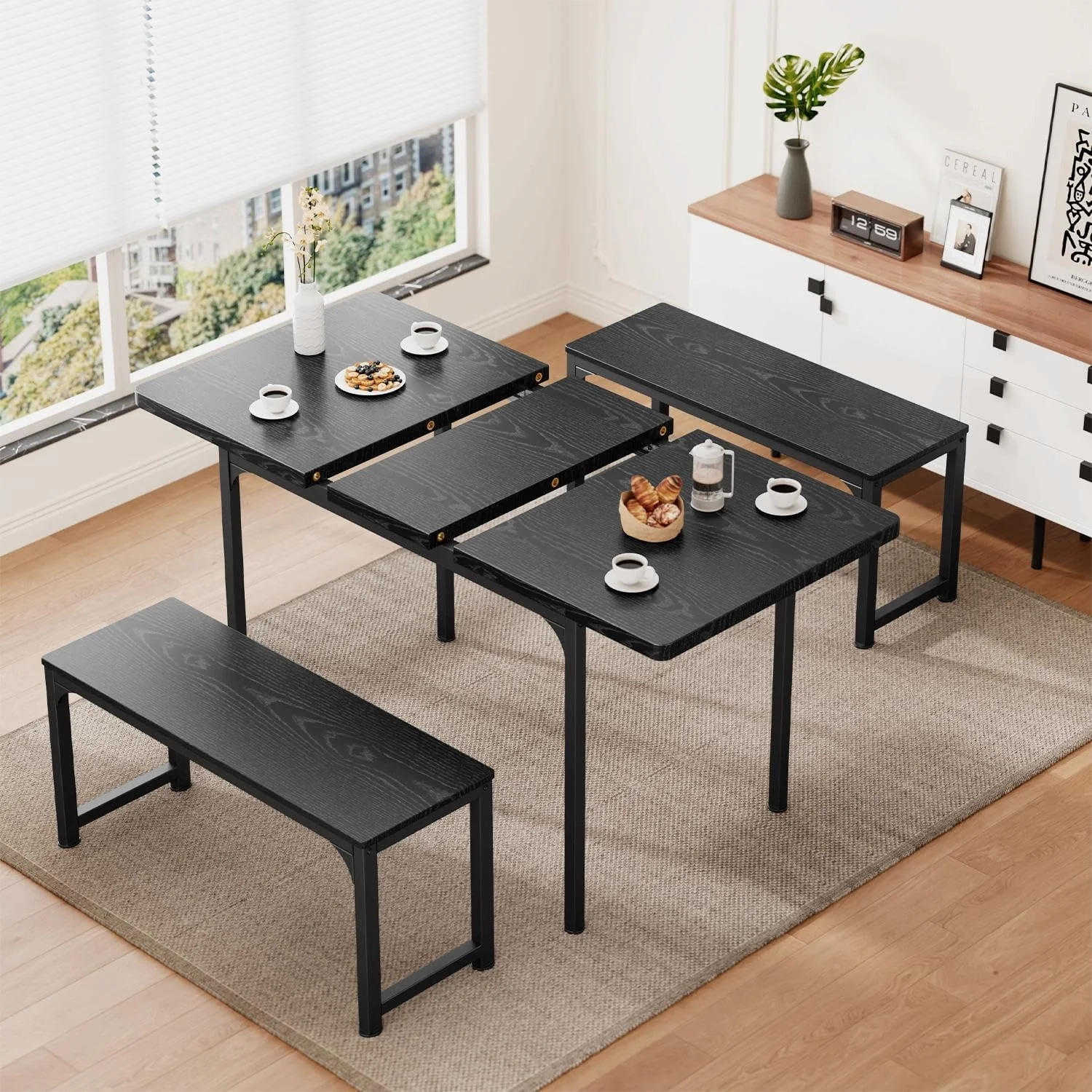 Dining Table Set For 4 To 6, Extendable Kitchen Table Set With 2 Benches, Ideal For Small Spaces And Apartment Dining Gatherings, Black