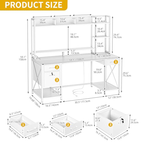 DWVO Computer Desk with Drawers & Hutch, 59.1