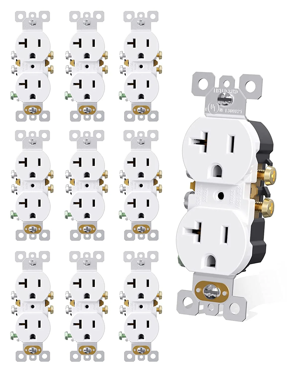 AIDA Duplex Receptacle Wall Outlet, 20Amp 125V Wall Outlet, Residential, 3-Wire, Self-Grounding, UL Listed, Side Wire Only, White ( 10 Pack )
