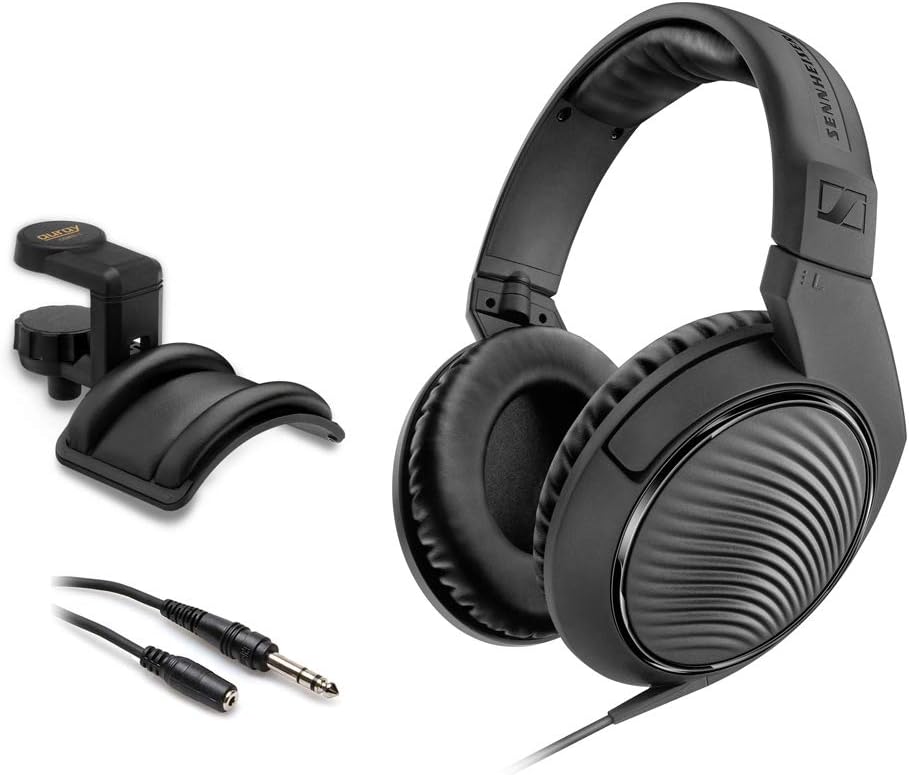 Sennheiser HD 200 Pro Monitoring Headphones with Headphone Holder & Stereo 1/4 Male Headphone Extension Cable 10' Bundle