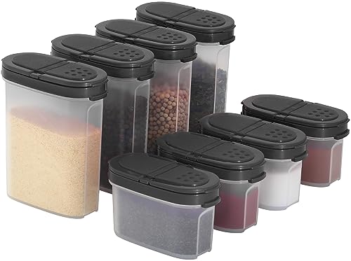SIGNORA WARE Spice Jars with Lids -8 and 4 oz Refillable Empty Airtight Spice/Seasoning Containers Set -2 in 1 Pour/Sift Shaker Lids Clear Plastic Spice/Seasoning Organizer Kitchen/Travel 8 pk.Red