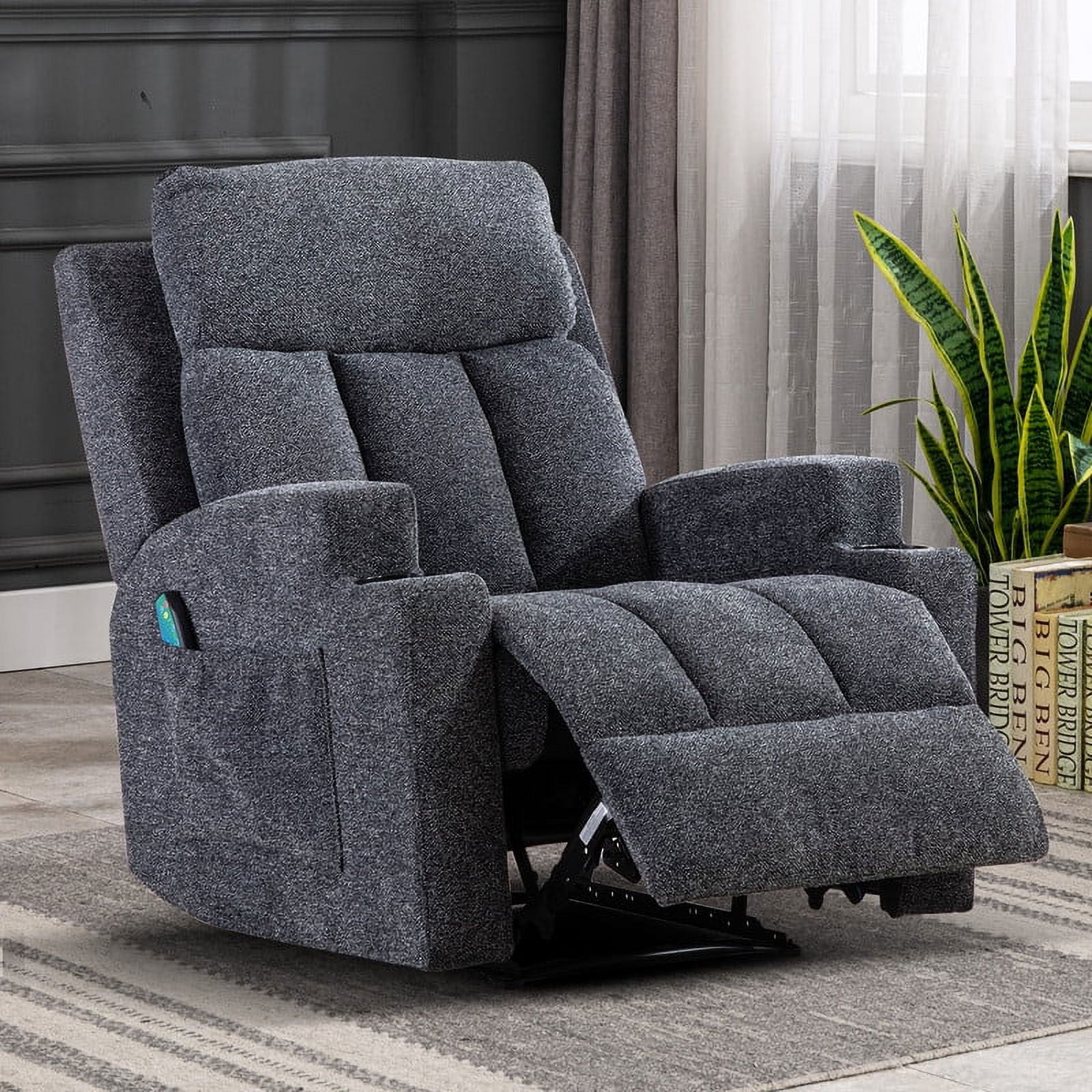 Ebello Design Manual Massage Recliner Chairs with Heat, with Side Pockets and Cup Holders Overstuffed Breathable Fabric Reclining Chair, Single Sofa Home Theater Seating