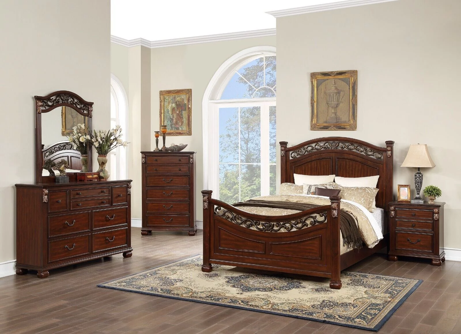 Elegant Traditional Queen Bed Dresser Mirror Nightstand Wooden Brown Finish 4pc Set Bedroom Furniture Gorgeous Headboard