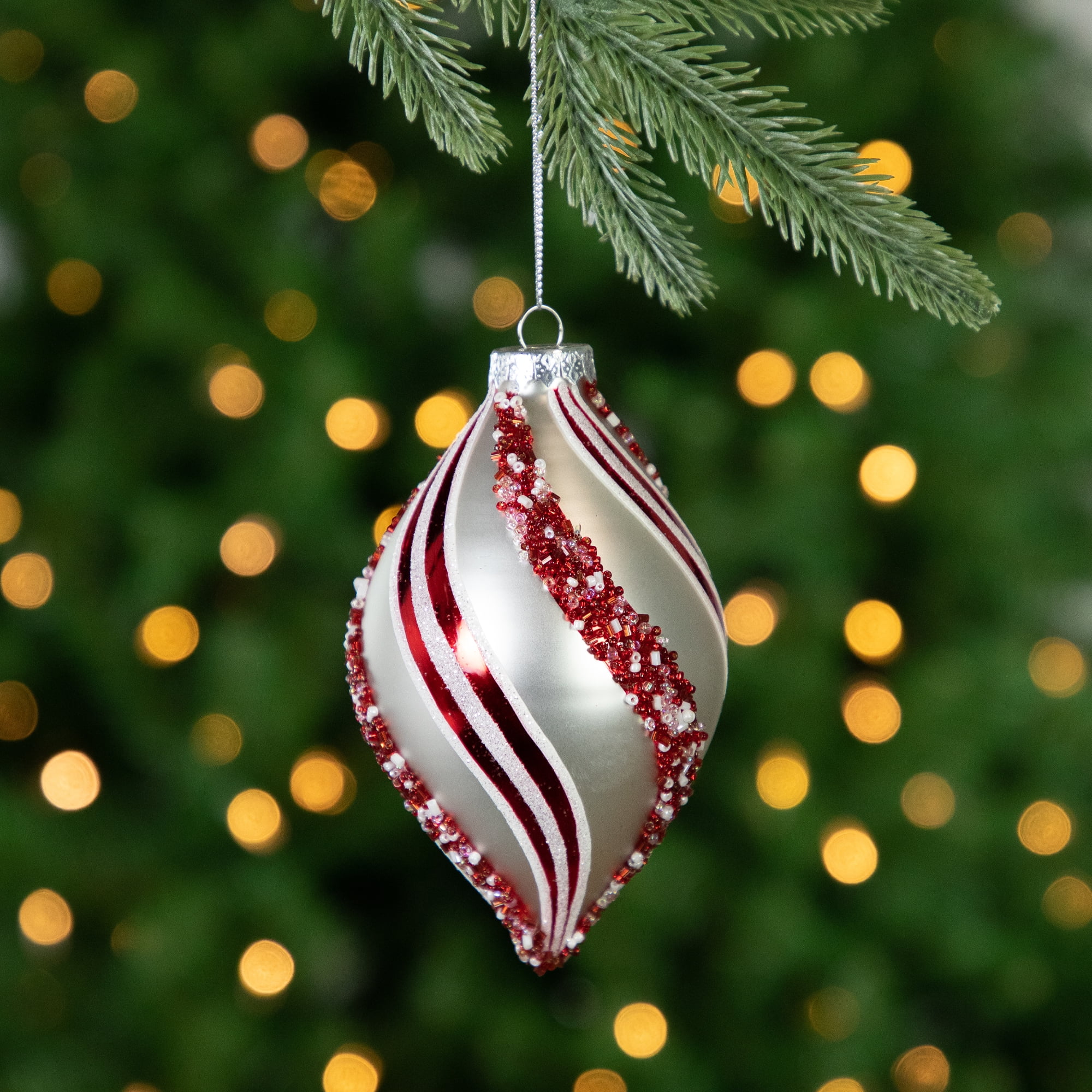 Northlight Set of 2 White and Red Glitter and Beads Striped Finial Glass Christmas Ornaments 5.5