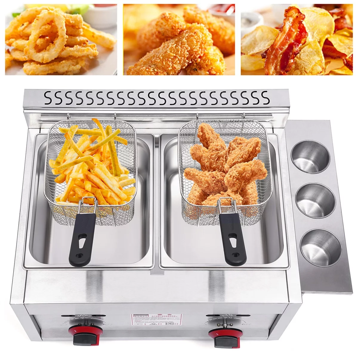 Oukaning Commercial Gas Fryer Deep Fryer Petroleum 2 Basket 6L*2 Stainless Steel（Silver）