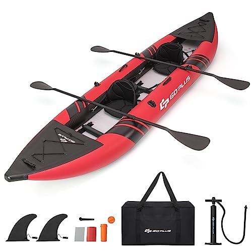 Goplus Inflatable Kayak, 2-person Kayak Set for Adults with 507 LBS Weight Capacity, 2 Aluminium Oars, EVA Padded Seat, 2 Fins, Hand Pump, Carry Bag, Repair Kit, Portable Touring Kayaks