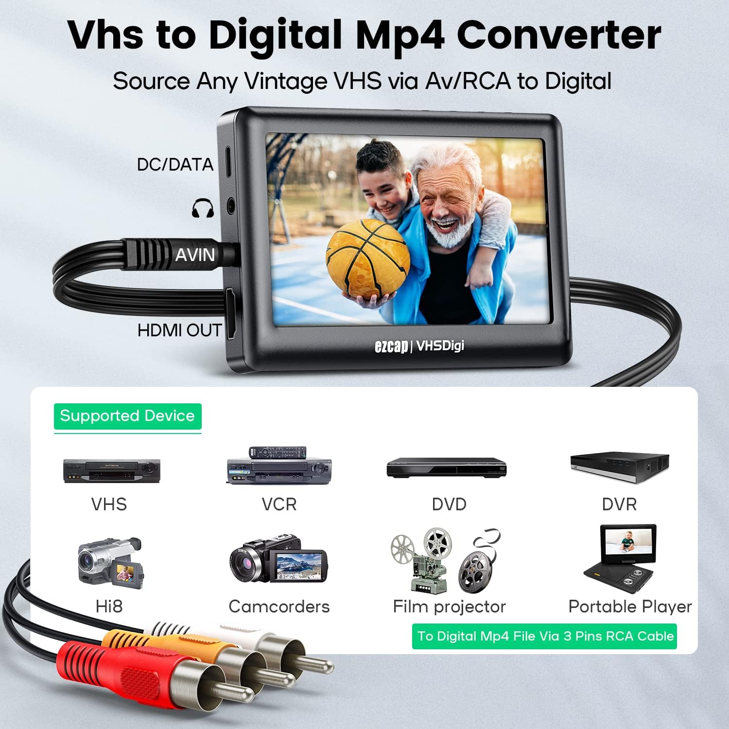 Convert Vhs to Digital Mp4 - Vinyl Cassette CD Player to Mp3 Converter - Vintage Video Audio Capture Box Adapter for Hi8 Player/8mm Tape/Vhs-c/Camcorder / Mini Dv Deck, Substitute Vhs to Dvd Machine