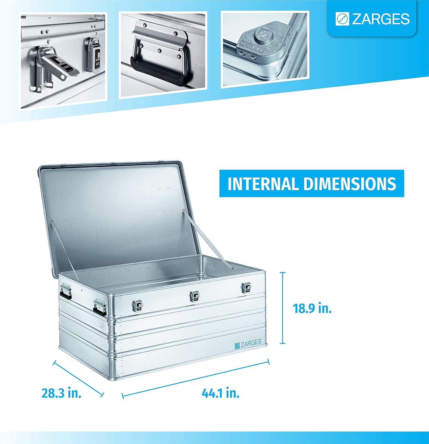 Zarges?K470 Aluminum Hard Protective Carrying Case, Portable Stackable Storage, Customizable Safe Lock Box, Dust and Water Resistant (44.1 x 28.3 x 18.9 Inches)