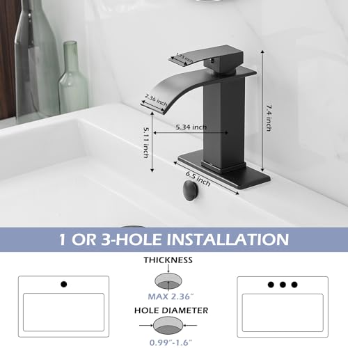 BWE Vessel Sink Faucet Modern Waterfall Chrome Single Hole Bathroom Faucet Single Handle with Pop up Drain Without Overflow Assembly Vanity Basin Bath Sink Faucets Mixer Tap