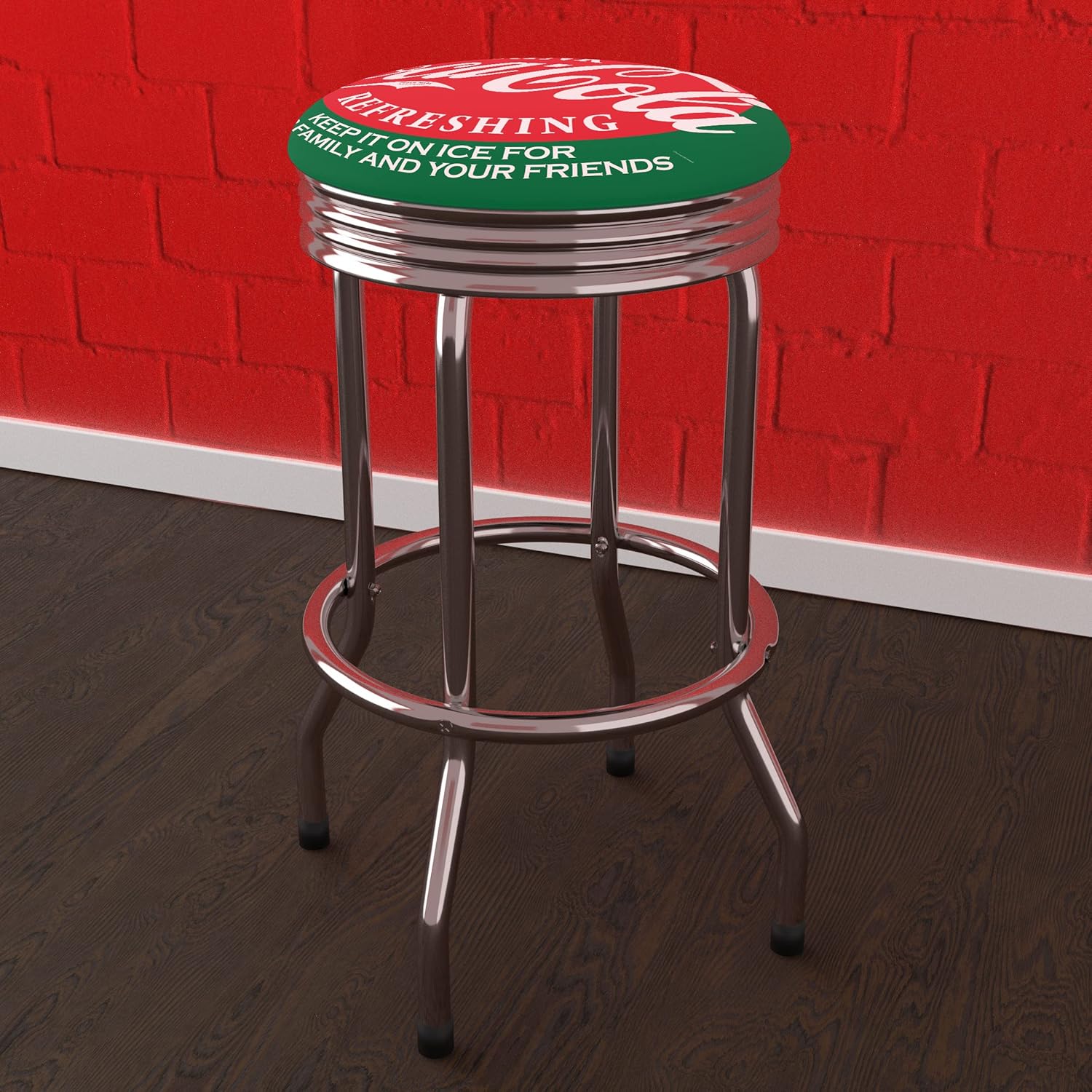 Bar Stool - Coca-Cola Ice Cold Bottle Stool with Retro Chrome Ribbed Side - Swivel Chair for Game Room, Garage, or Home Bar by Trademark Gameroom